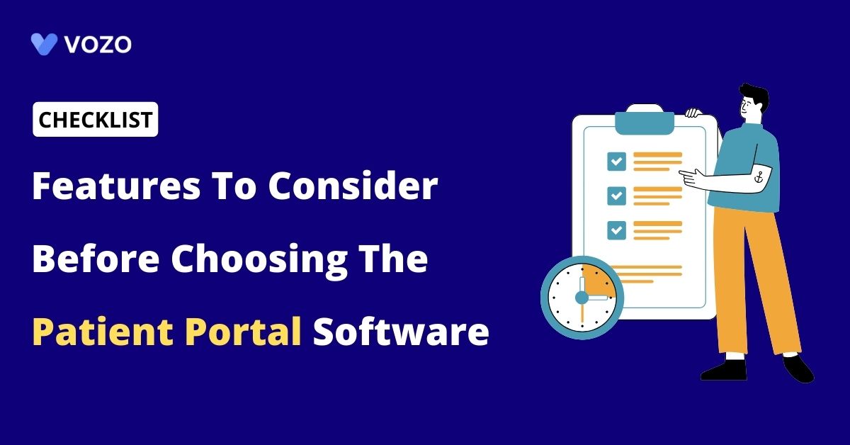 Vector image with a checklist represents the features to be considered to choose a patient portal software